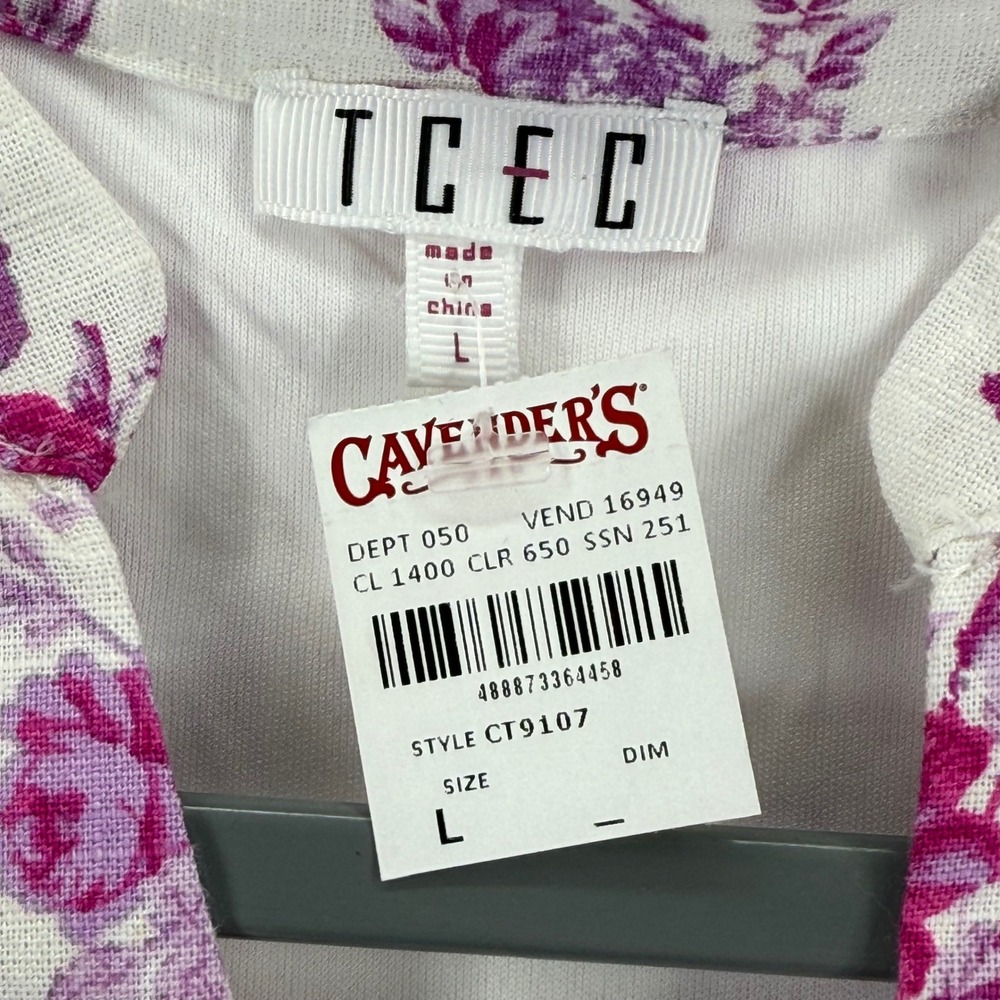 TCEC White Floral Linen Blend Tiered Top Blouse Scalloped Neckline Sz L - Picture 4 of 8